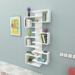 Rackhams Floating Bookcase with Geometric Shelves Rozalin 161 cm Tall Wall Mounted Bookcase - White - thumbnail 4