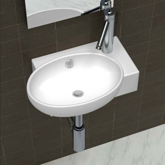 Rackhams Ceramic Sink Basin Faucet & Overflow Hole Bathroom White