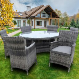 Rackhams 7 PCS Aluminium Rattan Garden Furniture 4 Seat Set, 135CM Round Tempered Glass Dining Table + 6 Chairs Set Full Assembly - Gray - thumbnail 1