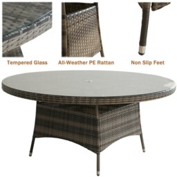 Rackhams 7 PCS Aluminium Rattan Garden Furniture 4 Seat Set, 135CM Round Tempered Glass Dining Table + 6 Chairs Set Full Assembly - Gray - thumbnail 6