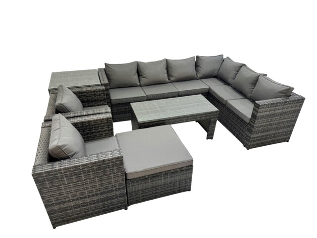 Rackhams Outdoor Rattan Oblong Coffee Table Corner Sofa Sets Garden Furniture Set with 2 Chairs Big Stool Side Table Dark Grey Mixed - image 1