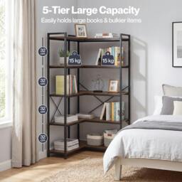 Rackhams Corner Bookcase 5-Tier L-Shaped Bookshelf Space-Saving Spice Walnut Black Metal - thumbnail 6
