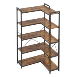 Rackhams Corner Bookcase 5-Tier L-Shaped Bookshelf Space-Saving Spice Walnut Black Metal