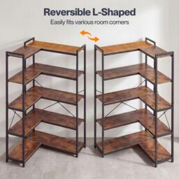 Rackhams Corner Bookcase 5-Tier L-Shaped Bookshelf Space-Saving Spice Walnut Black Metal - thumbnail 5