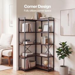 Rackhams Corner Bookcase 5-Tier L-Shaped Bookshelf Space-Saving Spice Walnut Black Metal - thumbnail 4