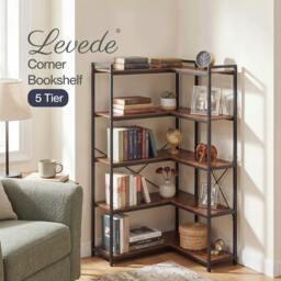 Rackhams Corner Bookcase 5-Tier L-Shaped Bookshelf Space-Saving Spice Walnut Black Metal - thumbnail 2