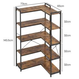 Rackhams Corner Bookcase 5-Tier L-Shaped Bookshelf Space-Saving Spice Walnut Black Metal - thumbnail 3