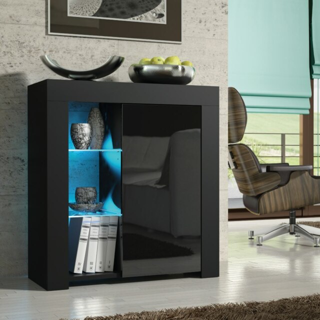 Rackhams Distinctive 83cm Cabinet Cupboard Sideboard with Black High Gloss Doors and Free LED Lights - image 1