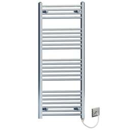 Rackhams 550mm x 1200mm Flat Chrome Electric Pre-Filled Heated Towel Rail Radiator For Bathroom Designer Standard Element