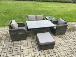 Rackhams Outdoor Rattan Garden Furniture Lounge Sofa Set With Oblong Rectangular Dining Table 2 PC Reclining Chair Side Table Big Footstool - thumbnail 2