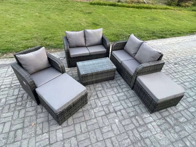 Rackhams 7 Seater Garden Furniture Set Rattan Outdoor Lounge Sofa Chair With Tempered Glass Table 2 Big Footstool Dark Grey Mixed - image 1