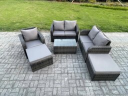 Rackhams 7 Seater Garden Furniture Set Rattan Outdoor Lounge Sofa Chair With Tempered Glass Table 2 Big Footstool Dark Grey Mixed - thumbnail 2