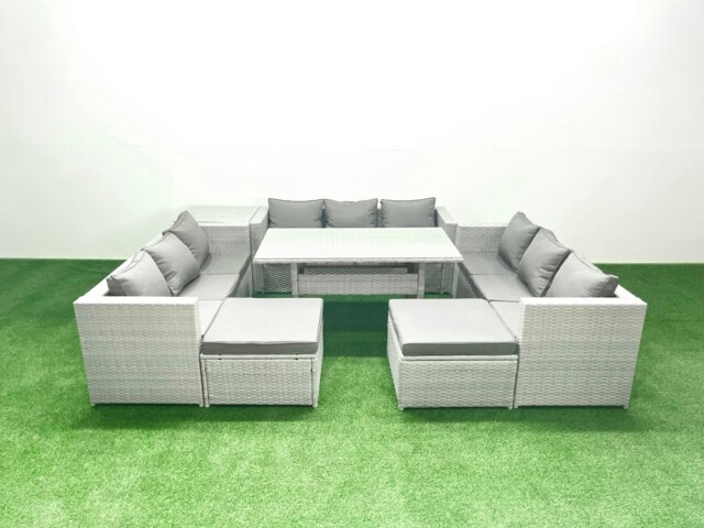 Rackhams Rattan Garden Outdoor Furniture Set 11 Seater Garden Sofa Rectangulr Dining Table Set with 2 Big Footstools Side Table Light Grey Mixed - image 1