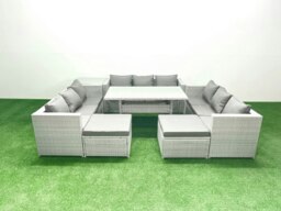 Rackhams Rattan Garden Outdoor Furniture Set 11 Seater Garden Sofa Rectangulr Dining Table Set with 2 Big Footstools Side Table Light Grey Mixed - thumbnail 2