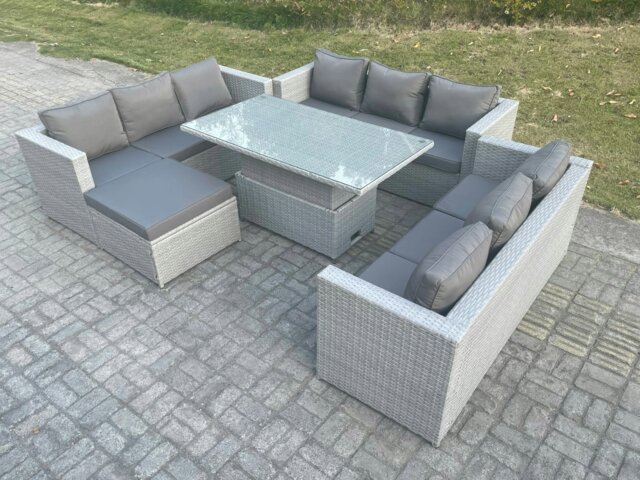 Rackhams Light Grey U Shape Lounge Rattan Garden Furniture Set Adjustable Rising Lifting Table Dining Set Footstool - image 1