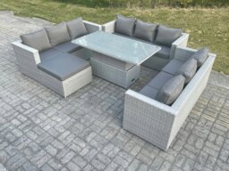 Rackhams Light Grey U Shape Lounge Rattan Garden Furniture Set Adjustable Rising Lifting Table Dining Set Footstool - thumbnail 3