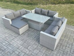 Rackhams Light Grey U Shape Lounge Rattan Garden Furniture Set Adjustable Rising Lifting Table Dining Set Footstool - thumbnail 2