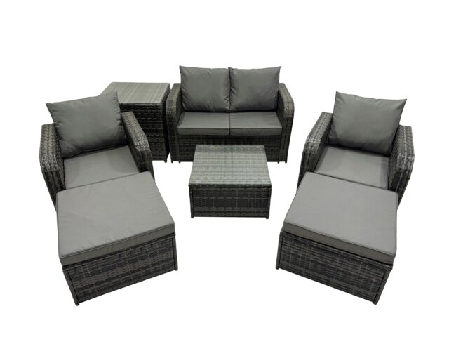 Rackhams Rattan Garden Outdoor Furniture Set Love Sofa Reclining Chair Square Coffee Table Set with Side Table 2 Big Stool Dark Grey Mixed - image 1