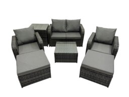 Rackhams Rattan Garden Outdoor Furniture Set Love Sofa Reclining Chair Square Coffee Table Set with Side Table 2 Big Stool Dark Grey Mixed - thumbnail 1