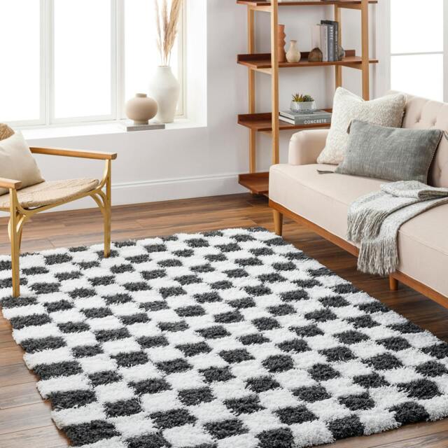 Rackhams Urban Shag-Modern White Black Checkered Soft Plush Pile Rug - 200 x 290 cm - image 1