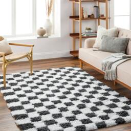 Rackhams Urban Shag-Modern White Black Checkered Soft Plush Pile Rug - 200 x 290 cm - thumbnail 1