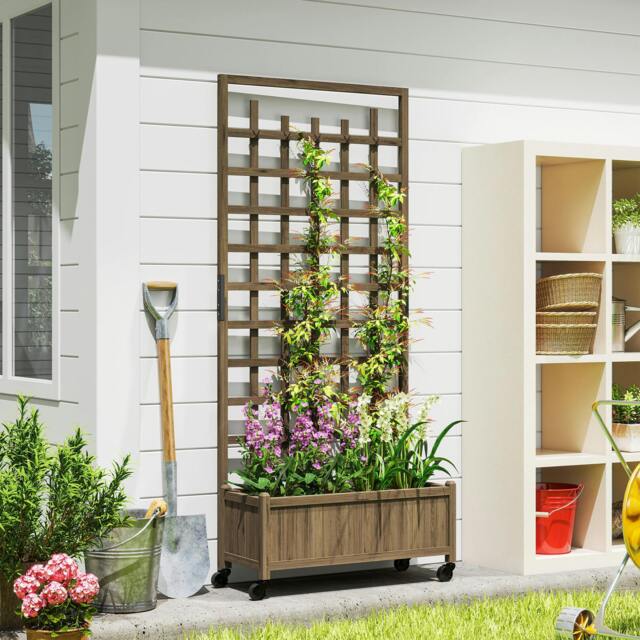 Rackhams Wooden Trellis Planter, Raised Garden Bed with Wheels, Brown - Brown - Fir wood - 82.5L x 35W x 186H - image 1