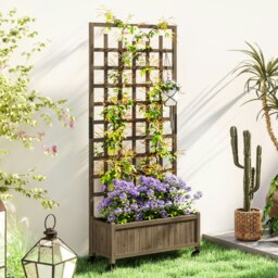 Rackhams Wooden Trellis Planter, Raised Garden Bed with Wheels, Brown - Brown - Fir wood - 82.5L x 35W x 186H - thumbnail 3