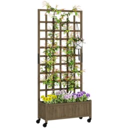 Rackhams Wooden Trellis Planter, Raised Garden Bed with Wheels, Brown - Brown - Fir wood - 82.5L x 35W x 186H - thumbnail 2