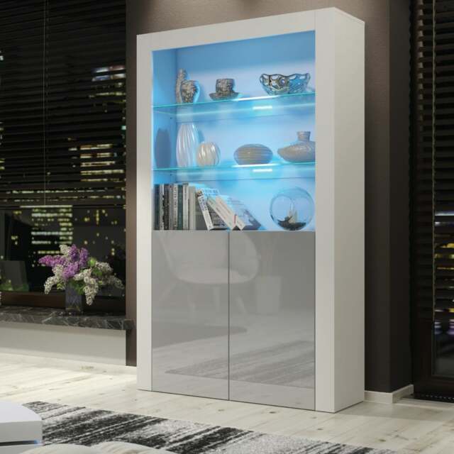 Rackhams Premium 170cm Cabinet Sideboard with High Gloss Doors and Free LED Lights Display - 170 cm - White Matt Body & Grey Gloss Doors - 1 - image 1