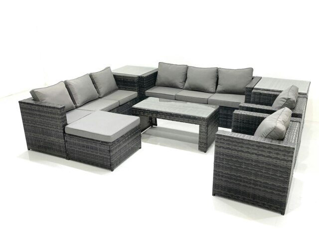 Rackhams Rattan Garden Furniture Sofa Set with Coffee table Armchair 2 Side Tables Big Footstool Dark Grey Mixed - image 1