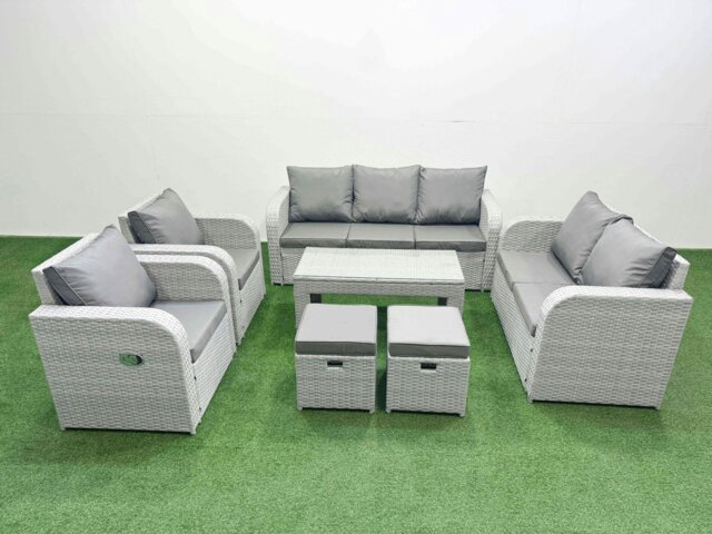 Rackhams PE Rattan Garden Furniture Set Adjustable Chair Sofa Double Love Seat 2 Seater Sofa Lounge Set Rectangular Coffee Table 2 Stools Light Grey - image 1