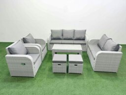 Rackhams PE Rattan Garden Furniture Set Adjustable Chair Sofa Double Love Seat 2 Seater Sofa Lounge Set Rectangular Coffee Table 2 Stools Light Grey - thumbnail 1