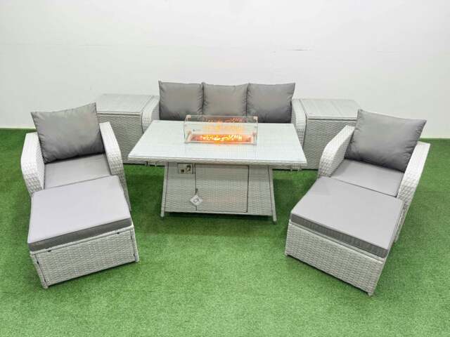 Rackhams PE Rattan Garden Furniture Set Reclining Chair Sofa Lounge Sofa Set Fire Pit Dining Table 2 Side Table 2 Big Footstool Light Grey - image 1