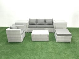 Rackhams 6 Pieces Rattan Garden Furniture Set Outdoor Garden Sofa Chair Coffee Table Set with 2 Side Tables Big Footstool Light Grey Mixed - thumbnail 2
