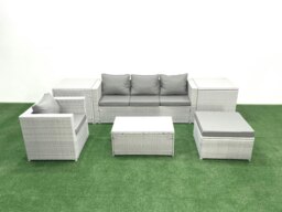 Rackhams 6 Pieces Rattan Garden Furniture Set Outdoor Garden Sofa Chair Coffee Table Set with 2 Side Tables Big Footstool Light Grey Mixed - thumbnail 1