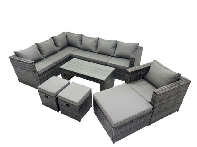 Rackhams 7 Pieces Outdoor PE Rattan Garden Furniture Corner Sofa Oblong Coffee Table Set with Cushions 3 Footstools Dark Grey Mixed - image 1