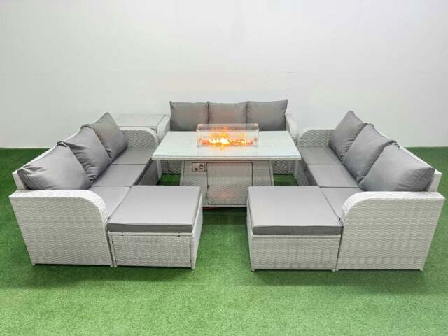 Rackhams 11 Seater PE Rattan Outdoor Garden Furniture Set with Fire Pit Dining Table, 3 Seater Sofa, 2 Big Footstools, Side Table - Light Grey - image 1
