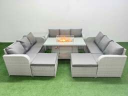 Rackhams 11 Seater PE Rattan Outdoor Garden Furniture Set with Fire Pit Dining Table, 3 Seater Sofa, 2 Big Footstools, Side Table - Light Grey - thumbnail 1
