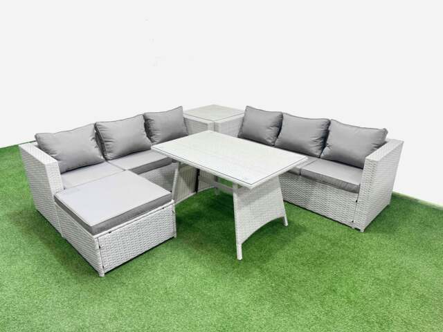 Rackhams Rattan Garden Furniture Dining Set 7 seater Patio Rectangular Table 3 Seater Sofa Set with Side Table Big Stool Light Grey - image 1