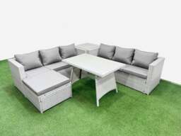 Rackhams Rattan Garden Furniture Dining Set 7 seater Patio Rectangular Table 3 Seater Sofa Set with Side Table Big Stool Light Grey - thumbnail 1