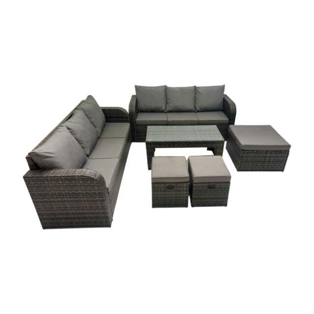 Rackhams Rattan Garden Outdoor Furniture Set 3 Seater Sofa Coffee Table with 3 Footstools Dark Grey Mixed - image 1