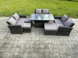 Rackhams Wicker PE Rattan Garden Furniture Set Height Adjustable Rising Lifting Table Sofa Dining Set with Double Seat Sofa 3 Footstools Dark Grey Mixed - thumbnail 1