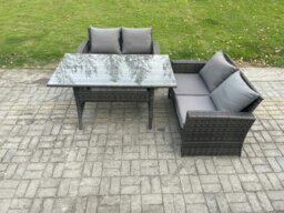 Rackhams Dark Grey PE Wicker Rattan Garden Furniture Set Love Sofa Outdoor Rectangular Dining Table - thumbnail 1