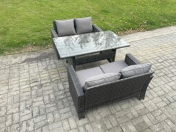 Rackhams Dark Grey PE Wicker Rattan Garden Furniture Set Love Sofa Outdoor Rectangular Dining Table - thumbnail 2