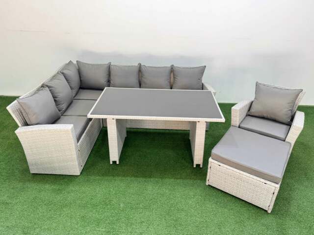 Rackhams 8 Seater Rattan Corner Sofa Sets Outdoor Garden Furniture Sets with Rectangular Dining Table Lounge Sofa Big Footstool Armchair Light Grey - image 1