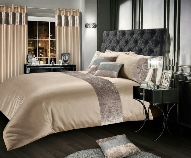 Rackhams Crushed Velvet Panel Duvet Cover & Pillowcase Set - Natural - Single - image 1
