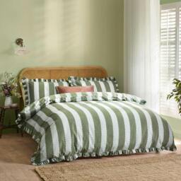 Rackhams Birdie Ruffles Stripe Duvet Cover Set - Bay Green/Mist - Double - Bay Green/Mist - 100% Cotton