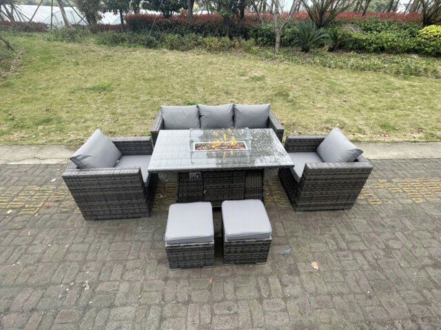 Rackhams Outdoor PE Rattan Garden Furniture Gas Fire Pit Dining Table Lounge Sofa 2 PC Armchairs 2 PC Footstools Dark Grey Mixed Patio - image 1