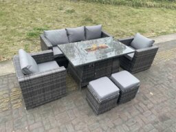 Rackhams Outdoor PE Rattan Garden Furniture Gas Fire Pit Dining Table Lounge Sofa 2 PC Armchairs 2 PC Footstools Dark Grey Mixed Patio - thumbnail 2