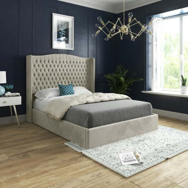 Rackhams Quanta Straight Winged Upholstered Soft Velvet Bed Frame - Pink - Silver - Super king - image 1